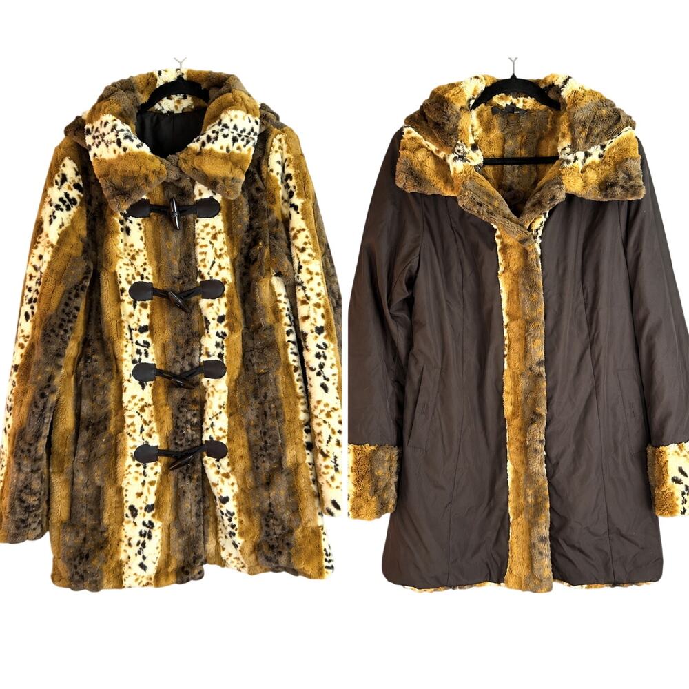 Dennis Basso Reversible Faux Fur Coat Womens Medium Removable Hood